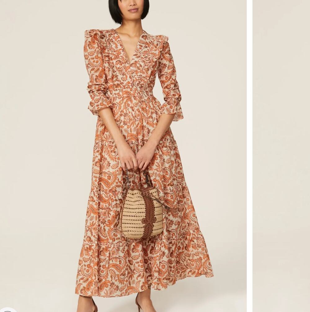 Maje Brown Floral Peasant Maxi Dress Size 0 Prairie Ruffle Designer Cottage $535 - Picture 1 of 13